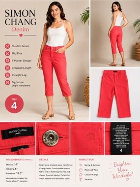 Simon Chang Denim Coral Cropped Straight Leg Jeans Size 4 Stretch Mid Rise Capri